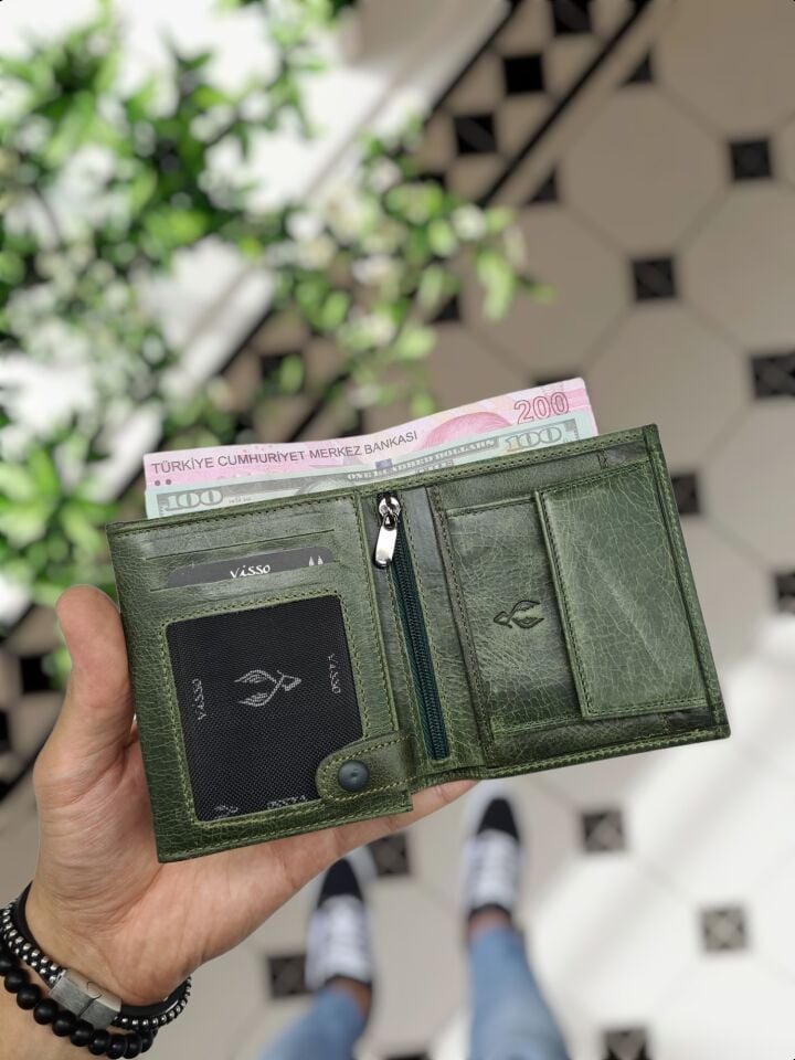 VİSSO 111 CEPLİ HAKİKİ DERİ ÇANTA  İSME ÖZEL BOZUK PARA CEPLİ FERMUARLI ÇITÇITLI KADIN ERKEK CÜZDAN BAY Yeşil Granada