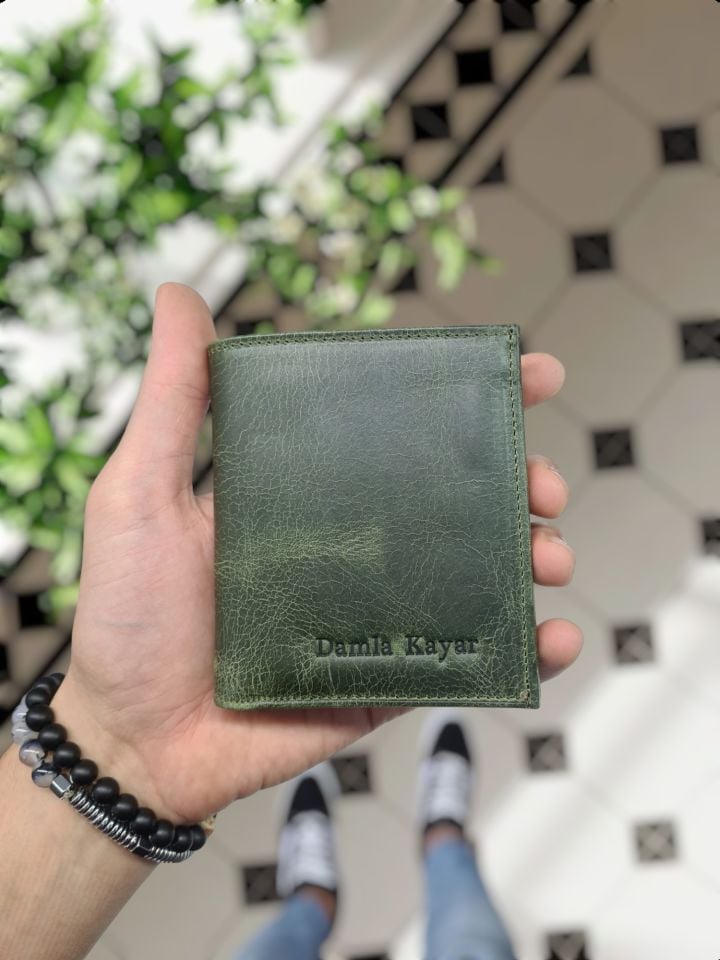 VİSSO 111 CEPLİ HAKİKİ DERİ ÇANTA  İSME ÖZEL BOZUK PARA CEPLİ FERMUARLI ÇITÇITLI KADIN ERKEK CÜZDAN BAY Yeşil Granada