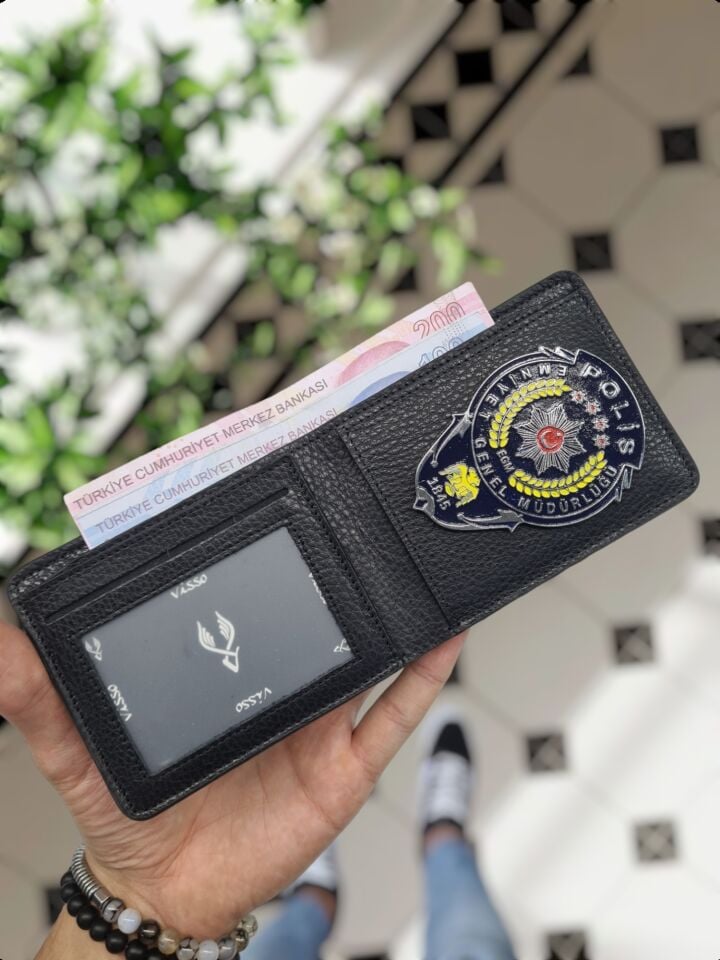 VİSSO 1236 HAKİKİ DERİ ÇANTA  SİYAH DERİ POLİS ROZETLİ KAĞIT PARA VE KİMLİK BÖLMELİ ERKEK KADIN CÜZDAN