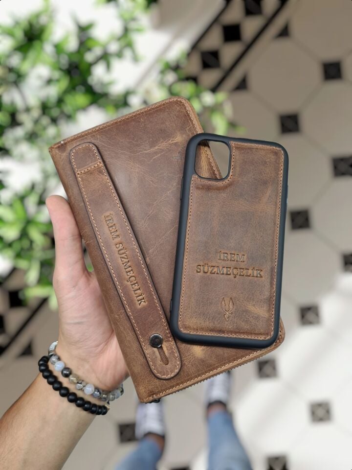 VİSSO 455 Hakiki Deri Fermuarlı El Çantası Pasaport Çantası Fındık Matrix + Telefon Kılıfı VİSSO GERÇEK DERİ İPHONE SAMSUNG - Apple DERİ TELEFON KILIFI  Kişiye Özel İsim Baskılı Kadın Erkek Unisex Koruyucu Telefon Kılıfı