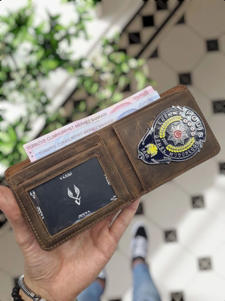 VİSSO 1236 Polis Rozetli HAKİKİ DERİ ÇANTA İSME ÖZEL KAHVE MATRİX POLİS ROZETLİ KAĞIT PARA VE KİMLİK BÖLMELİ ERKEK VE KADIN CÜZDAN