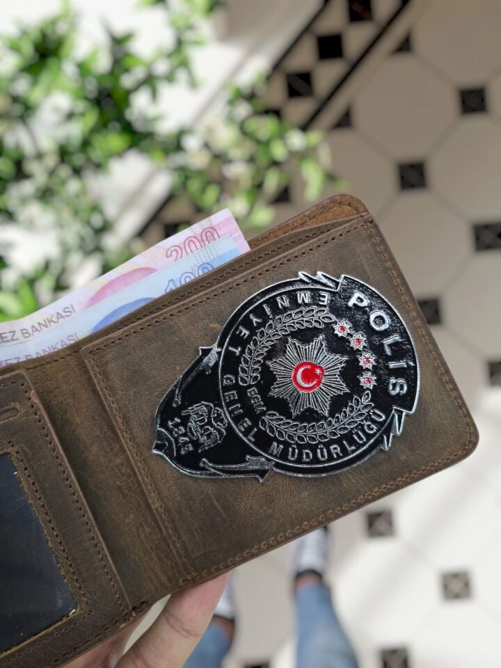 VİSSO 1236 HAKİKİ DERİ ÇANTA İSME ÖZEL KAHVE MATRİX POLİS ROZETLİ KAĞIT PARA VE KİMLİK BÖLMELİ ERKEK VE KADIN CÜZDAN