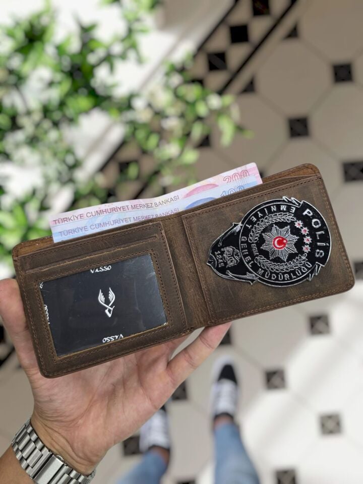 VİSSO 1236 HAKİKİ DERİ ÇANTA İSME ÖZEL KAHVE MATRİX POLİS ROZETLİ KAĞIT PARA VE KİMLİK BÖLMELİ ERKEK VE KADIN CÜZDAN