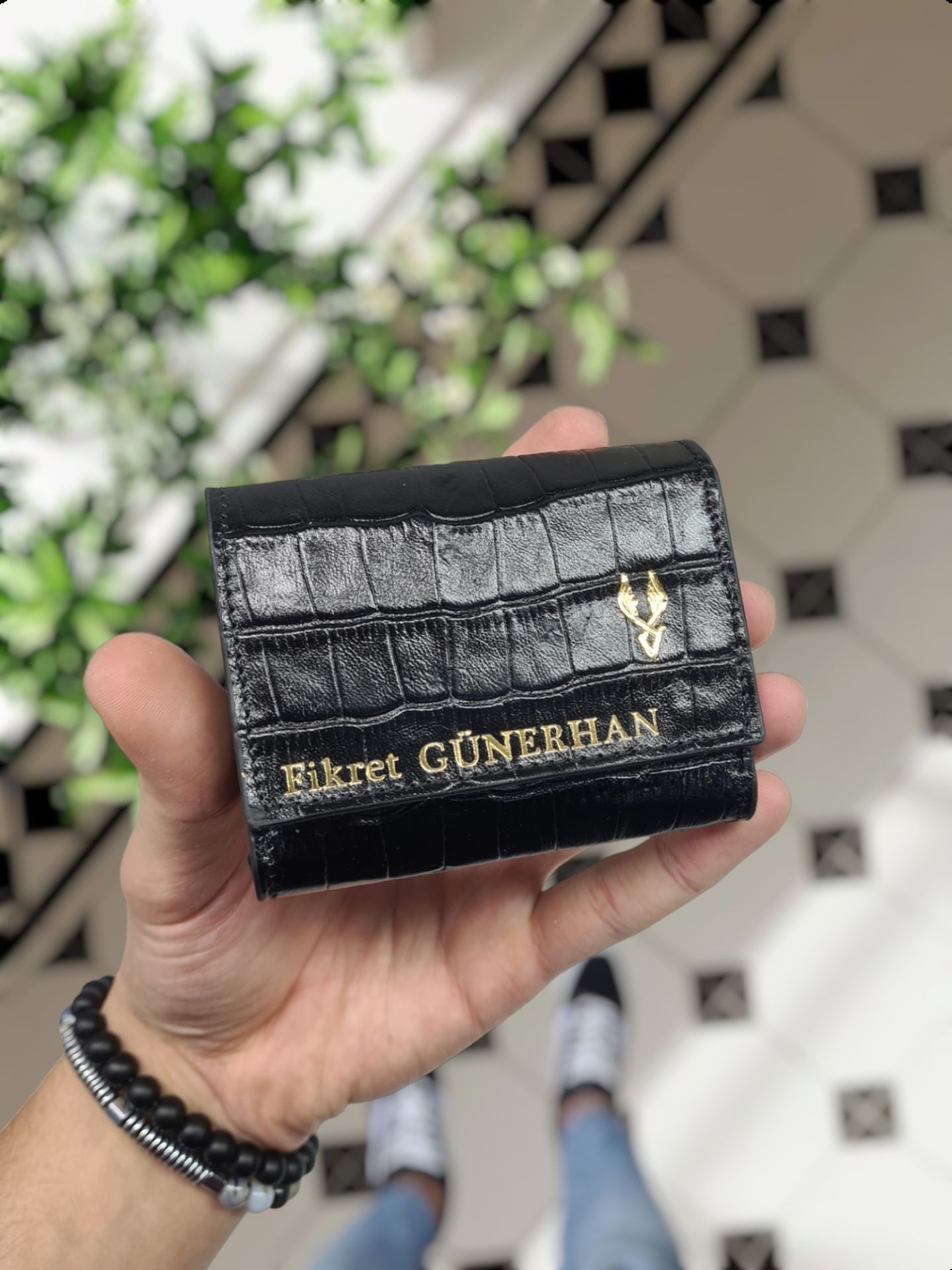 VİSSO 660 Hakiki Deri Kişiye Özel Akordeon Kartlık Model Deri Çanta Siyah Croco Yazldızlı
