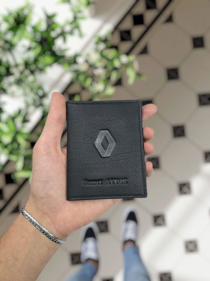 Renault VİSSO 1904 Hakiki Deri Araç Ruhsat Kılıfı İsme Özel Çanta Erkek Kadın Modeli RENAULT Siyah