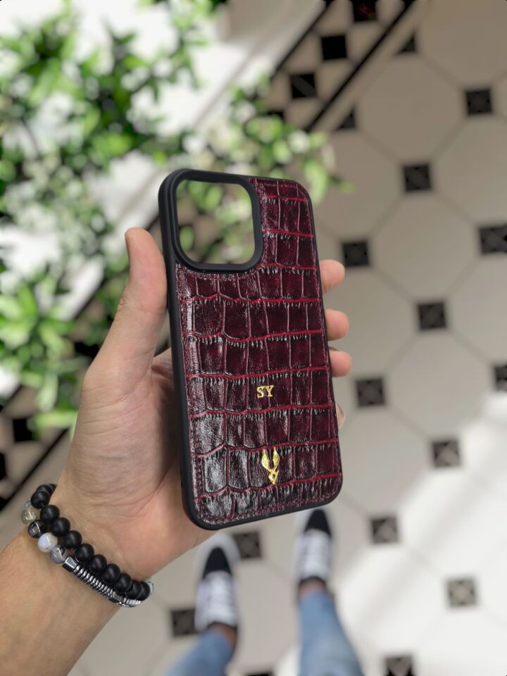 İphone 15 Uyumlu BORDO CROCO Deri Kılıf VİSSO Hakiki Deri İsme Özel Kişiselleştirme Kadın Erkek Kullanım Unisex Telefon Kılıf