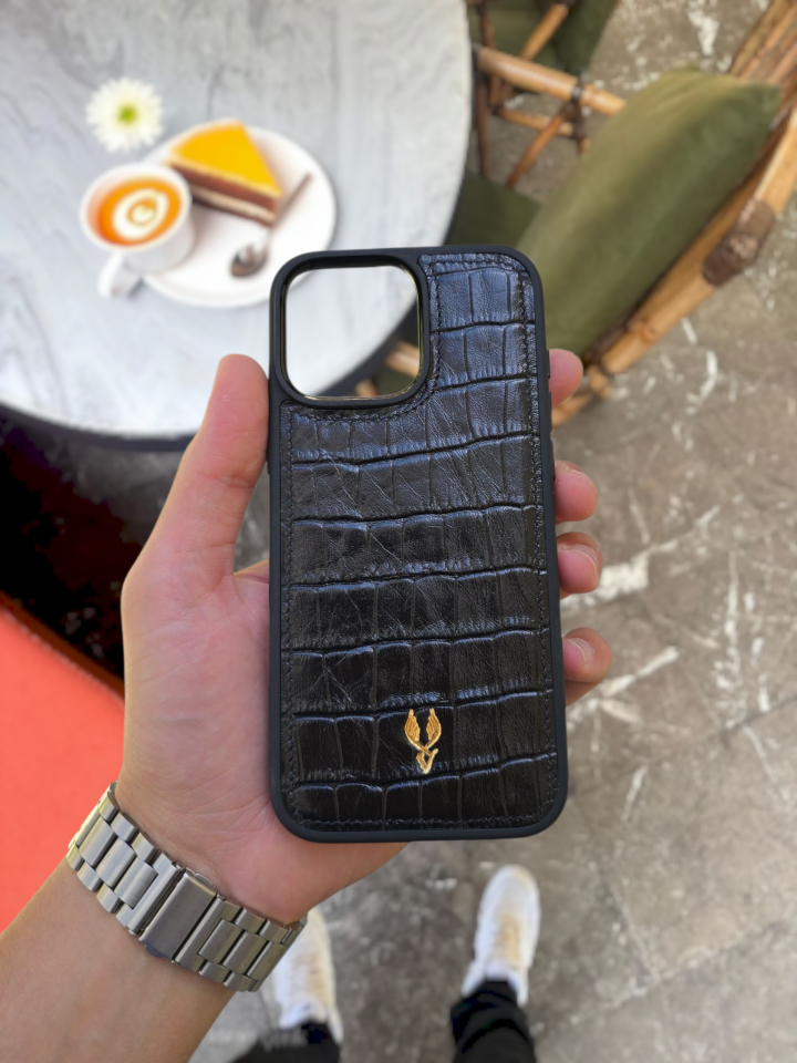 İphone 15 Uyumlu SİYAH CROCO Deri Kılıf VİSSO Hakiki Deri İsme Özel Kişiselleştirme Kadın Erkek Kullanım Unisex Telefon Kılıf