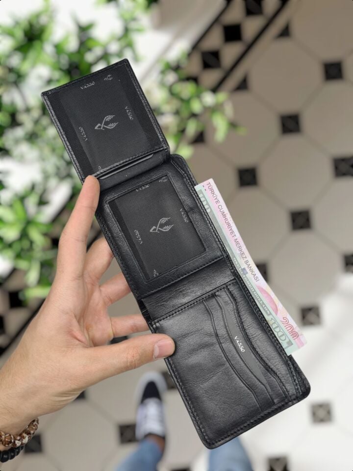 VİSSO 229 Hakiki Deri Çift Renkli SİYAH - SİYAH Garni Cüzdan  Renk Deri Çanta + NAPA KEMER KOT