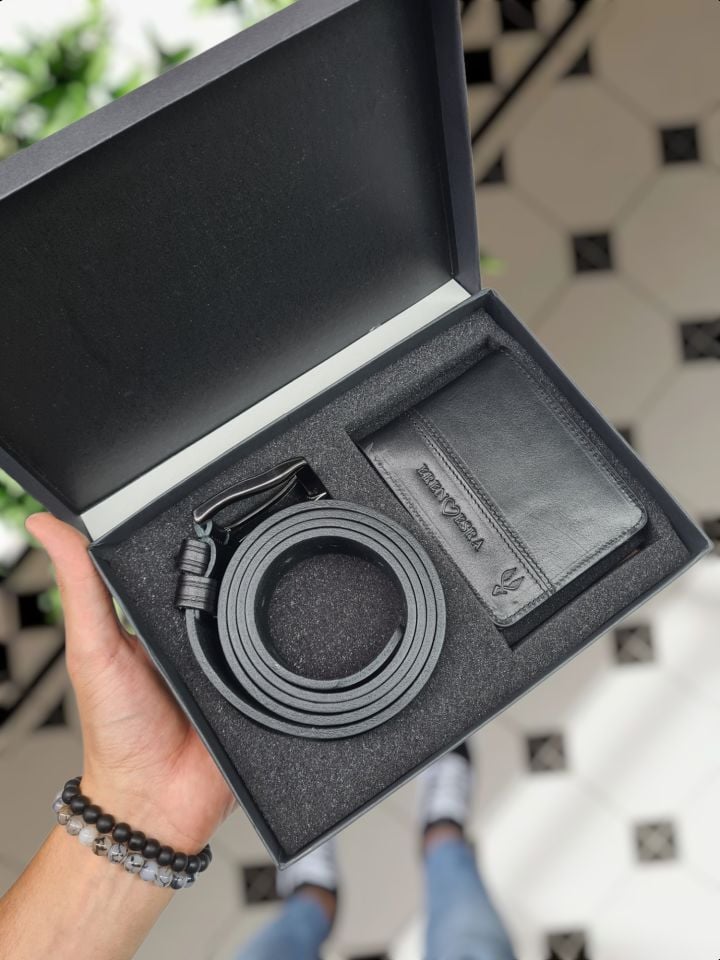 VİSSO 229 Hakiki Deri Çift Renkli SİYAH - SİYAH Garni Cüzdan  Renk Deri Çanta + NAPA KEMER KOT