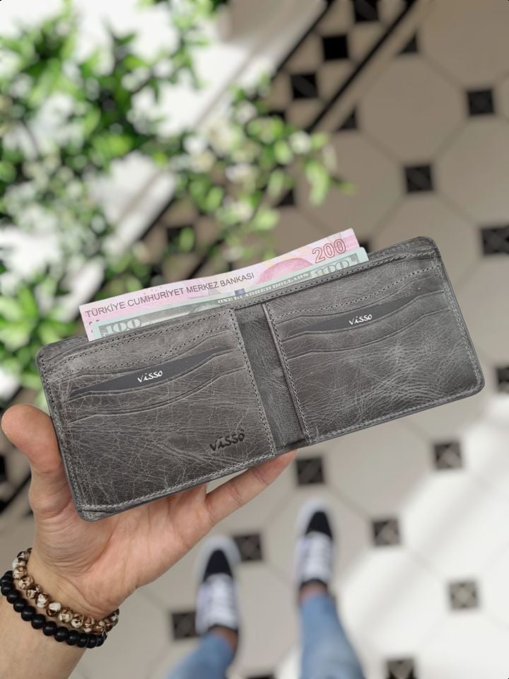 VİSSO 229 Hakiki Deri Çift Renkli Gri - Gri Garni Cüzdan  Renk Deri Cüzdan