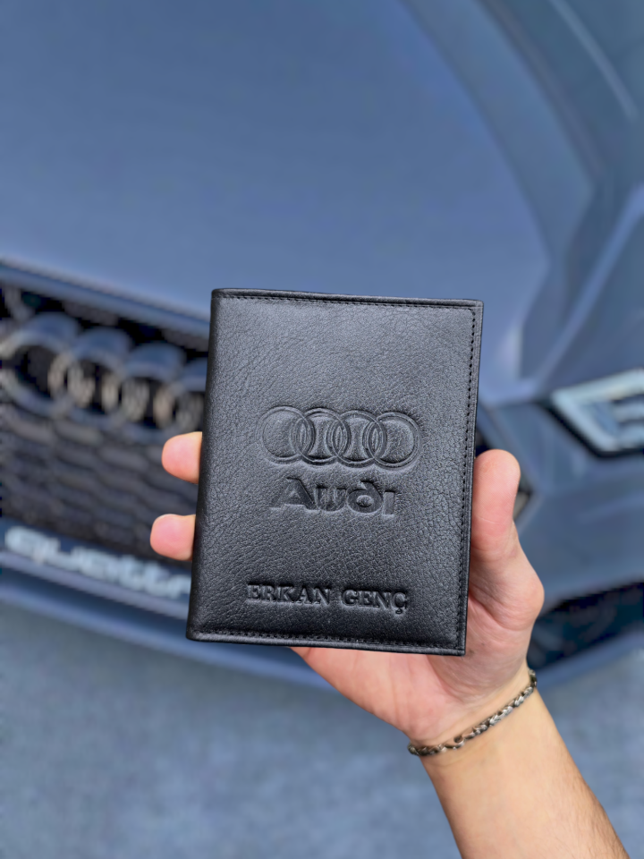 Audi VİSSO 1904 Hakiki Deri Araç Ruhsat Kılıfı İsme Özel Çanta Erkek Kadın Modeli AUDİ SİYAH