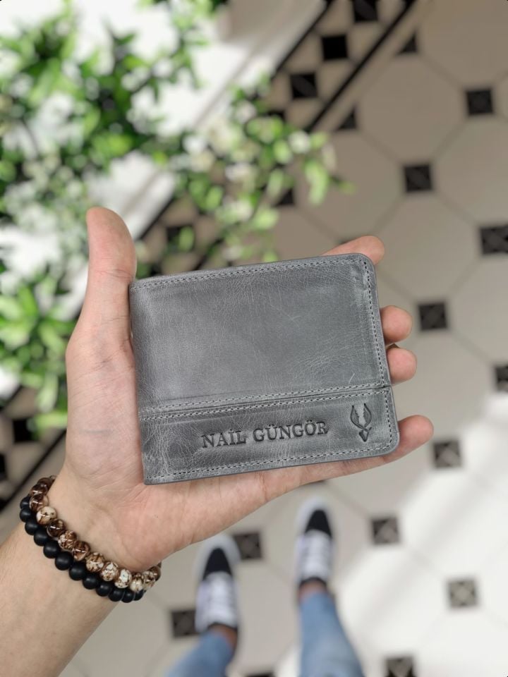 VİSSO 229 Hakiki Deri Çift Renkli Gri - Gri Garni Cüzdan  Renk Deri Cüzdan