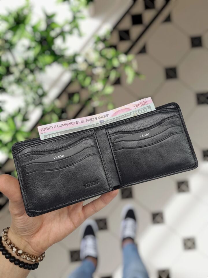 VİSSO 229 Hakiki Deri Çift Renkli SİYAH - SİYAH Garni Cüzdan  Renk Deri Çanta + NAPA KEMER KOT +Anahtarlık