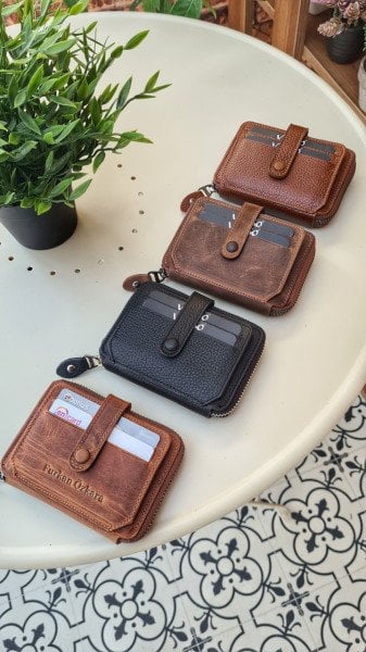 VİSSO 709 HAKİKİ DERİ ÇANTA FERMUARLI ÇITÇITLI KİMLİK BÖLMELİ KADIN ERKEK KARTLIKLI CÜZDAN SİYAH GUTTY GERÇEK DERİ