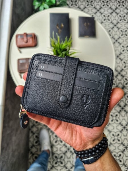 VİSSO 709 HAKİKİ DERİ ÇANTA FERMUARLI ÇITÇITLI KİMLİK BÖLMELİ KADIN ERKEK KARTLIKLI CÜZDAN SİYAH GUTTY GERÇEK DERİ