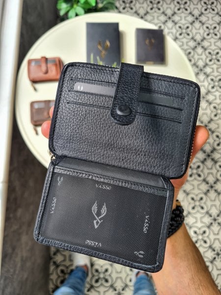 VİSSO 709 HAKİKİ DERİ ÇANTA FERMUARLI ÇITÇITLI KİMLİK BÖLMELİ KADIN ERKEK KARTLIKLI CÜZDAN SİYAH GUTTY GERÇEK DERİ