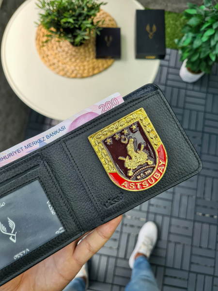 VİSSO 1236 HAKİKİ DERİ ÇANTA  SİYAH DERİ ASTSUBAY ROZETLİ KAĞIT PARA VE KİMLİK BÖLMELİ ERKEK VE KADIN CÜZDAN