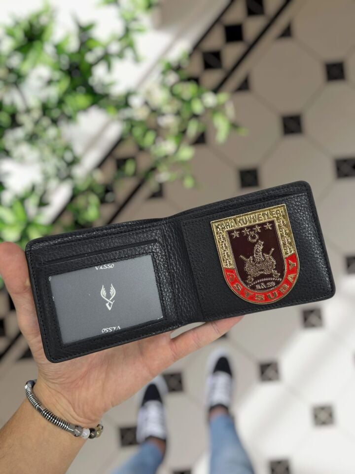 VİSSO 1236 Astsubay Rozetli HAKİKİ DERİ ÇANTA  SİYAH DERİ ASTSUBAY ROZETLİ KAĞIT PARA VE KİMLİK BÖLMELİ ERKEK VE KADIN CÜZDAN