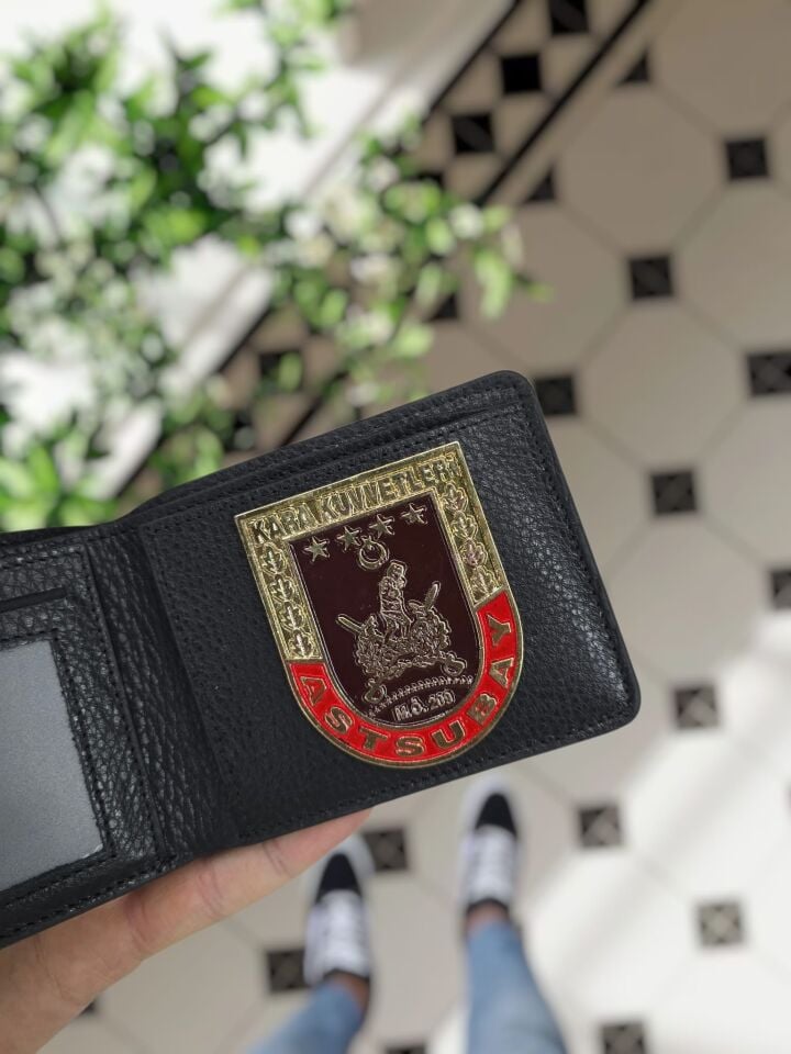 VİSSO 1236 Astsubay Rozetli HAKİKİ DERİ ÇANTA  SİYAH DERİ ASTSUBAY ROZETLİ KAĞIT PARA VE KİMLİK BÖLMELİ ERKEK VE KADIN CÜZDAN