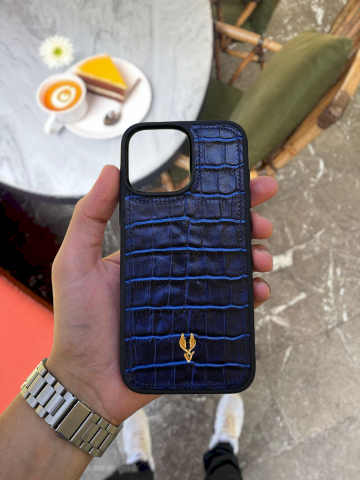 İphone 15 PLUS model LACİVERT  CROCO Deri Kılıf VİSSO Hakiki Deri İsme Özel Kişiselleştirme Kadın Erkek Kullanım Unisex Telefon Kılıf