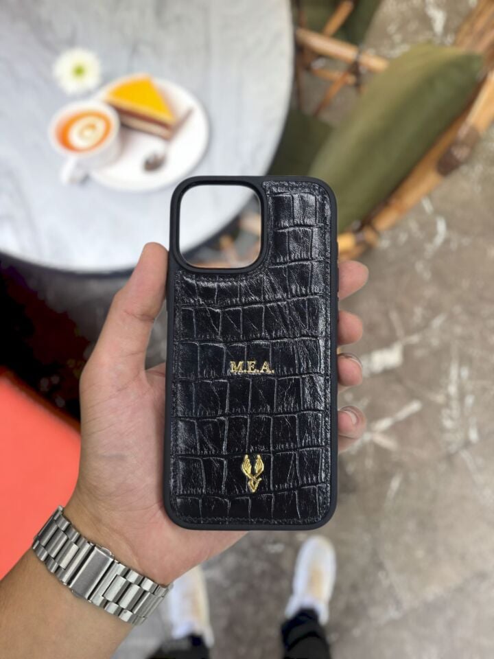 İphone 15 PLUS model SİYAH CROCO Deri Kılıf VİSSO Hakiki Deri İsme Özel Kişiselleştirme Kadın Erkek Kullanım Unisex Telefon Kılıf