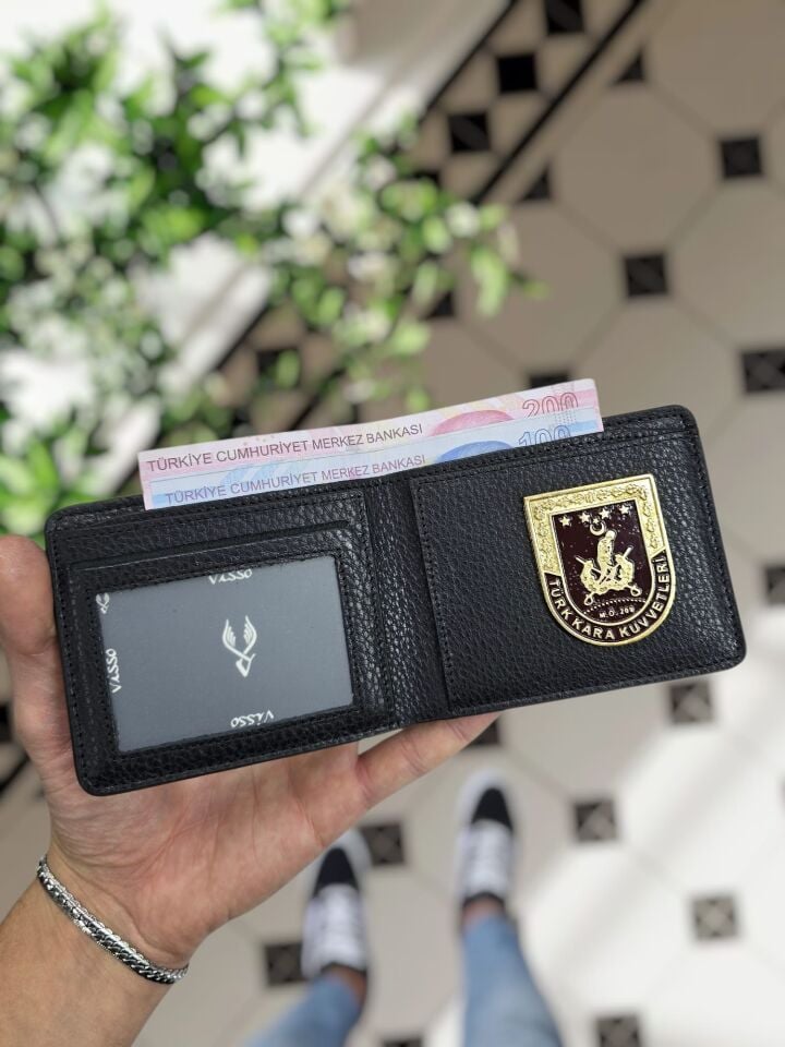 VİSSO 1236 Kara Kuvvetleri Rozetli HAKİKİ DERİ ÇANTA  İSME ÖZEL SİYAH GUTTY KİMLİK GÖZLÜ PARA BÖLMELİ KARA KUVVETLERİ KOMUTANLIĞI ROZETLİ ERKEK KADIN CÜZDAN