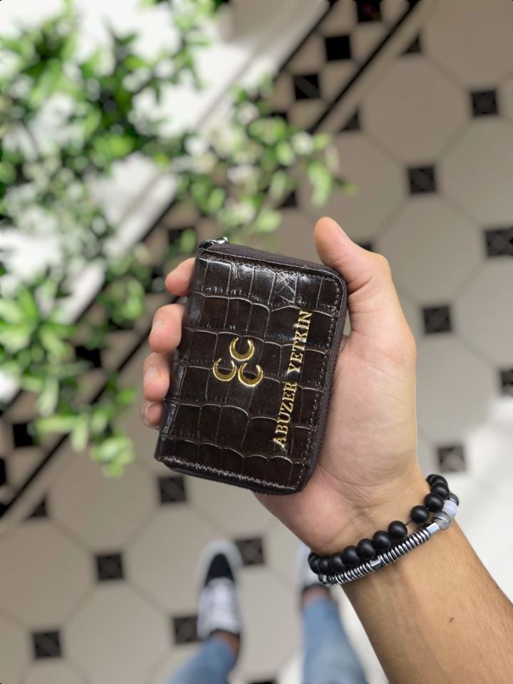 VİSSO 661 GERÇEK DERİ ÇANTA KAHVE CROCO İSME ÖZEL  KCROCO ERKEK VE KADIN İÇİN FERMUARLI AKORDİYON-YELPAZE KREDİ KARTLIK MODEL Üç Hilal Logolu