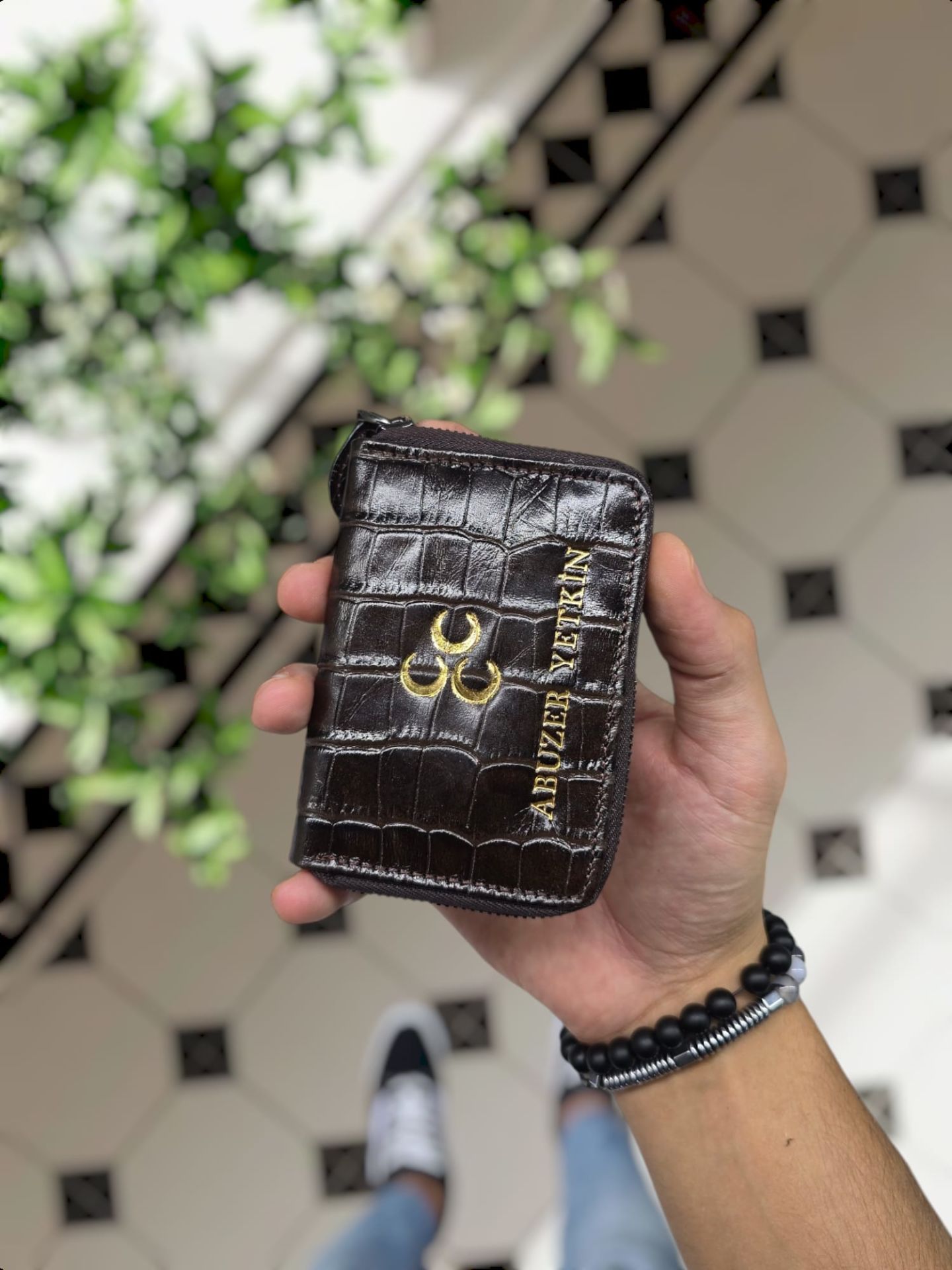 VİSSO 661 GERÇEK DERİ ÇANTA KAHVE CROCO İSME ÖZEL  KCROCO ERKEK VE KADIN İÇİN FERMUARLI AKORDİYON-YELPAZE KREDİ KARTLIK MODEL Üç Hilal Logolu