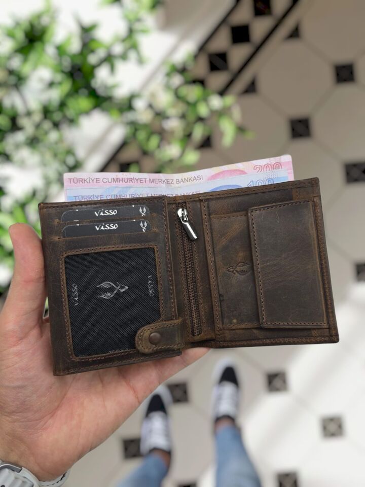 VİSSO 111  Cüzdan + Kemer HAKİKİ DERİ KİMLİK BÖLMELİ BAY BAYAN KULLANIMLI CÜZDAN Kahve Matrix