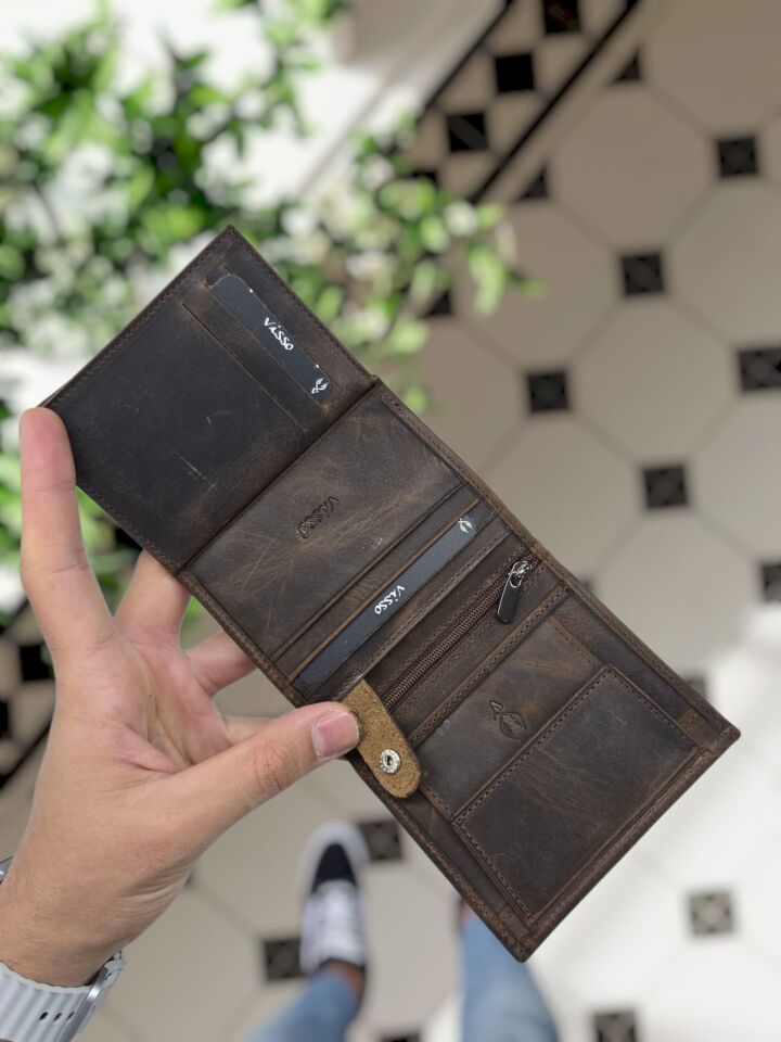 VİSSO 111  Cüzdan + Kemer HAKİKİ DERİ KİMLİK BÖLMELİ BAY BAYAN KULLANIMLI CÜZDAN Kahve Matrix