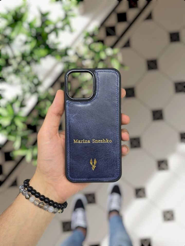 İphone 15 PLUS model  LACİVERT KURTUBA LOGOLU Deri Kılıf VİSSO Hakiki Deri İsme Özel Kişiselleştirme Kadın Erkek Kullanım Unisex Telefon Kılıf