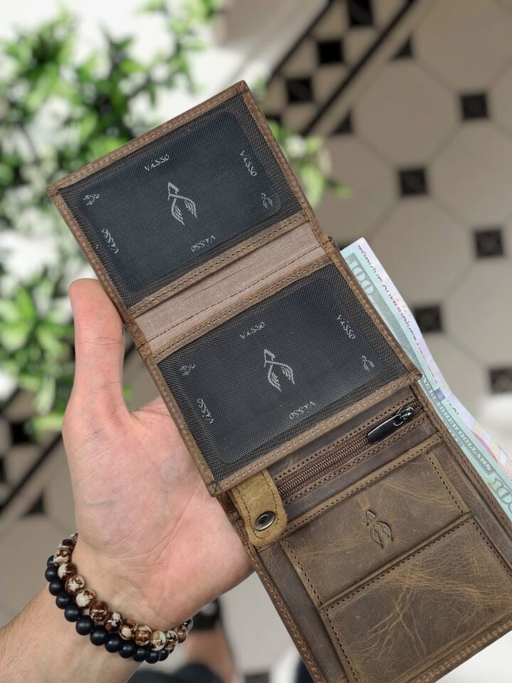 VİSSO 111  Cüzdan + Kemer HAKİKİ DERİ KİMLİK BÖLMELİ BAY BAYAN KULLANIMLI CÜZDAN Kahve Matrix