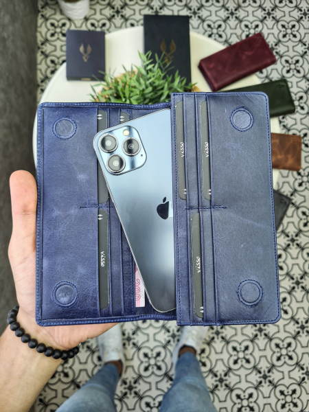 VİSSO 902 Hakiki Deri El Geçmeli Kordonlu Kişiye Özel Telefon Hazneli Cüzdan El Çantası Lacivert Kurtuba