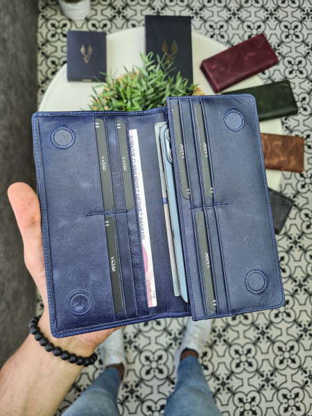 VİSSO 902 Hakiki Deri El Geçmeli Kordonlu Kişiye Özel Telefon Hazneli Cüzdan El Çantası Lacivert Kurtuba
