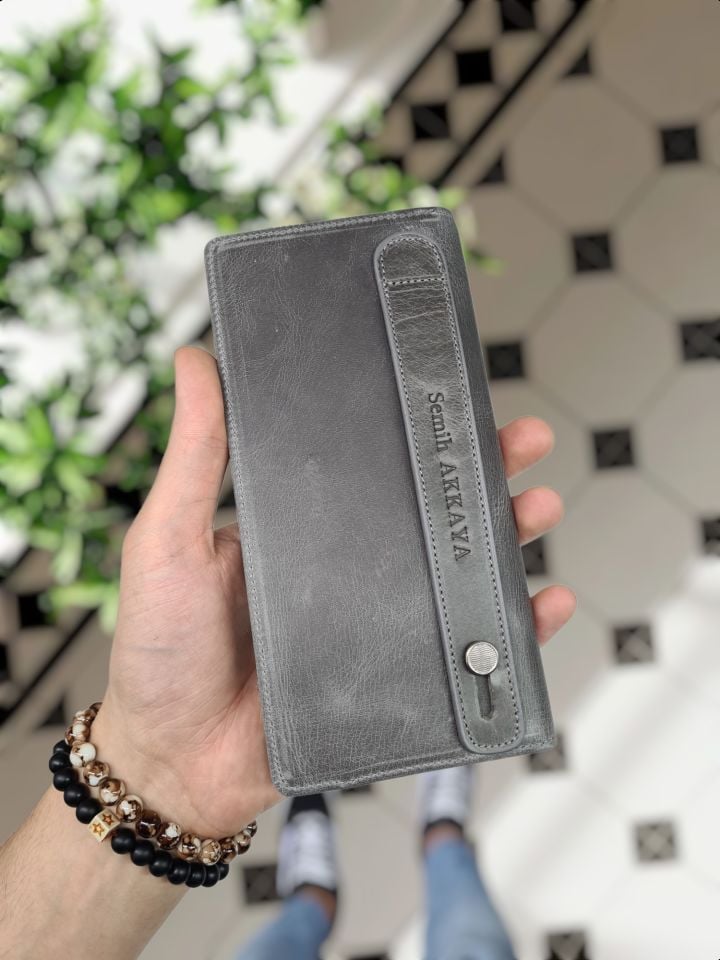 VİSSO 902 Hakiki Deri El Geçmeli Kordonlu Kişiye Özel Telefon Hazneli Cüzdan El Çantası Gri Natural Crayz