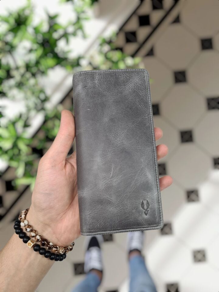 VİSSO 902 Hakiki Deri El Geçmeli Kordonlu Kişiye Özel Telefon Hazneli Cüzdan El Çantası Gri Natural Crayz