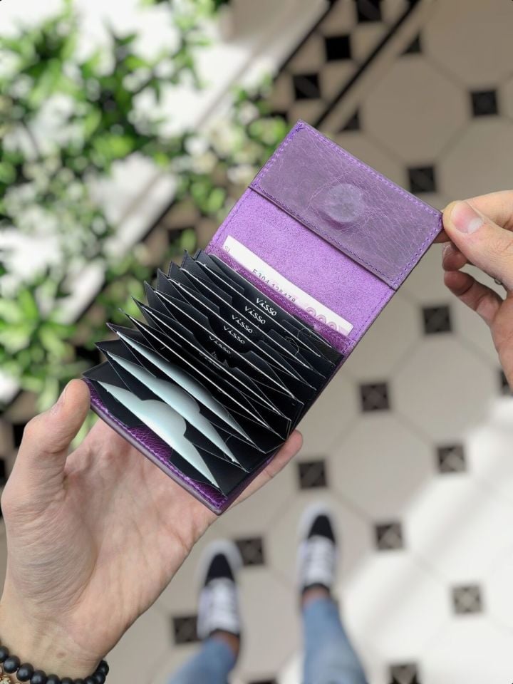 VİSSO 660 Hakiki Deri Kişiye Özel Akordeon Kartlık Model Deri Çanta  MOR GÜL KEDİ PATİSİ LOGO