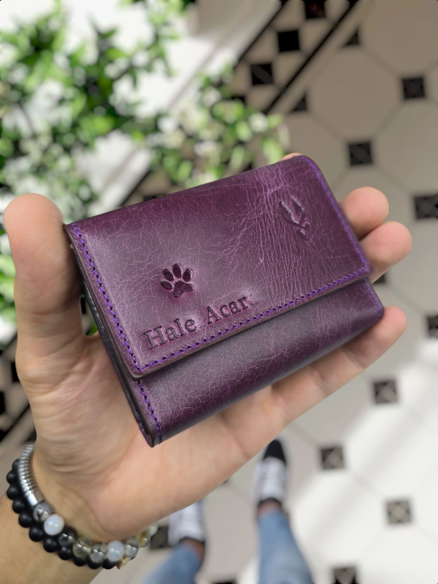 VİSSO 660 Hakiki Deri Kişiye Özel Akordeon Kartlık Model Deri Çanta  MOR GÜL KEDİ PATİSİ LOGO