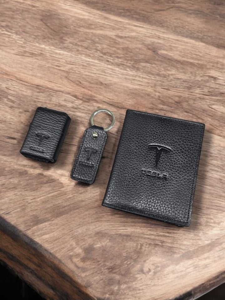 TESLA  VİSSO 1904 Hakiki Deri Araç Ruhsat Kılıf + Çakmak + Anahtarlık Set İsme Özel Çanta Erkek Kadın Modeli  TESLA SİYAH RENK