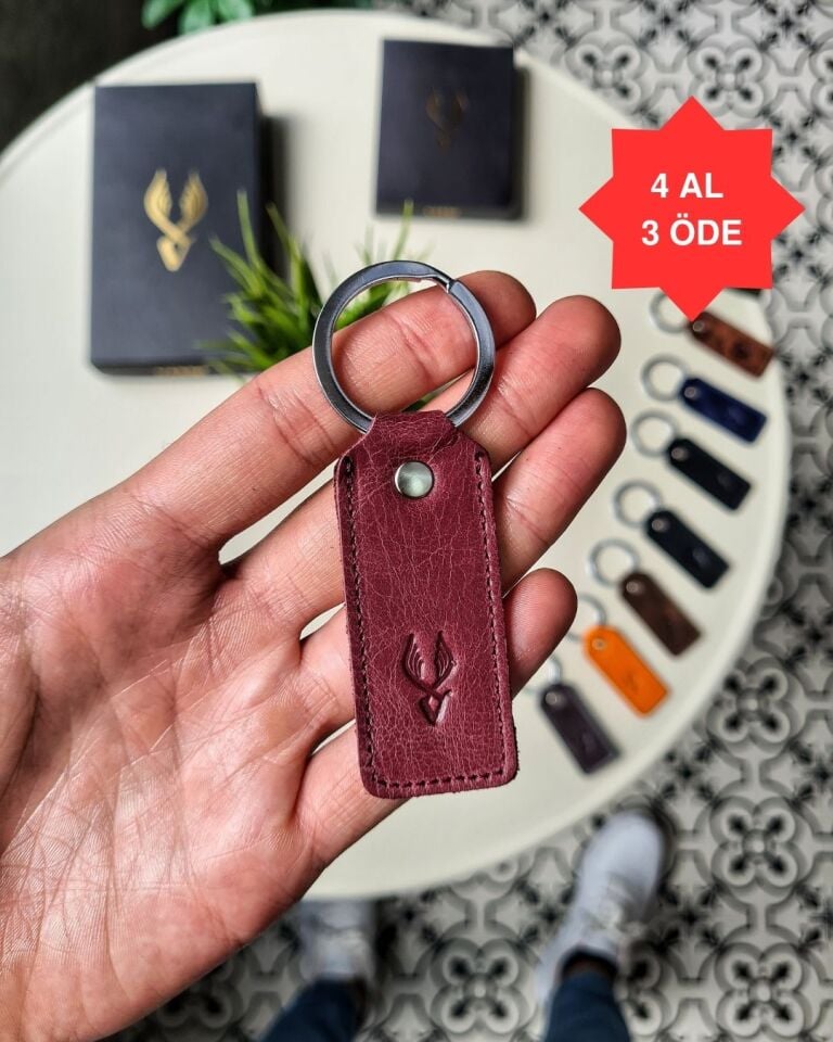 1020  Hakiki Deri Anahtarlık - Visso Bordo Renk Hakiki Deri Anahtarlık Çanta