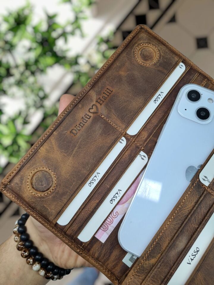VİSSO 902 Hakiki Deri El Geçmeli Kordonlu Kişiye Özel Telefon Hazneli Cüzdan El Çantası Fındık Matrix