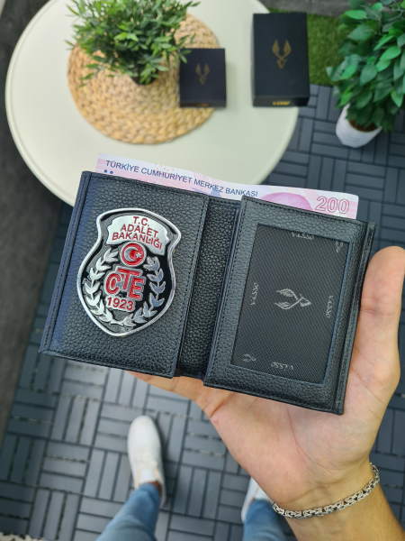 VİSSO 1131 HAKİKİ ORJİNAL DERİ ÇANTA SİYAH RENK 3 ADET KİMLİK KART GÖZLÜ CEZA İNFAZ KORUMA MEMURU ROZETLİ KADIN ERKEK CÜZDAN (GARDİYAN ROZETL CÜZDAN)