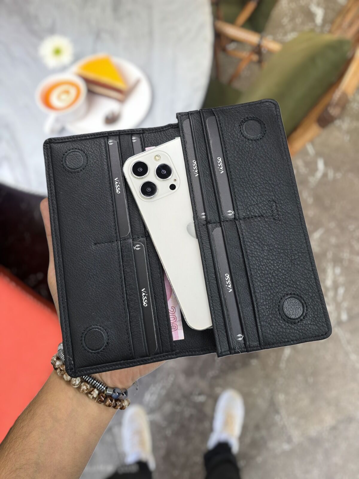 VİSSO 902 Hakiki Deri El Geçmeli Kordonlu Kişiye Özel Telefon Hazneli Cüzdan El Çantası Siyah Gutty