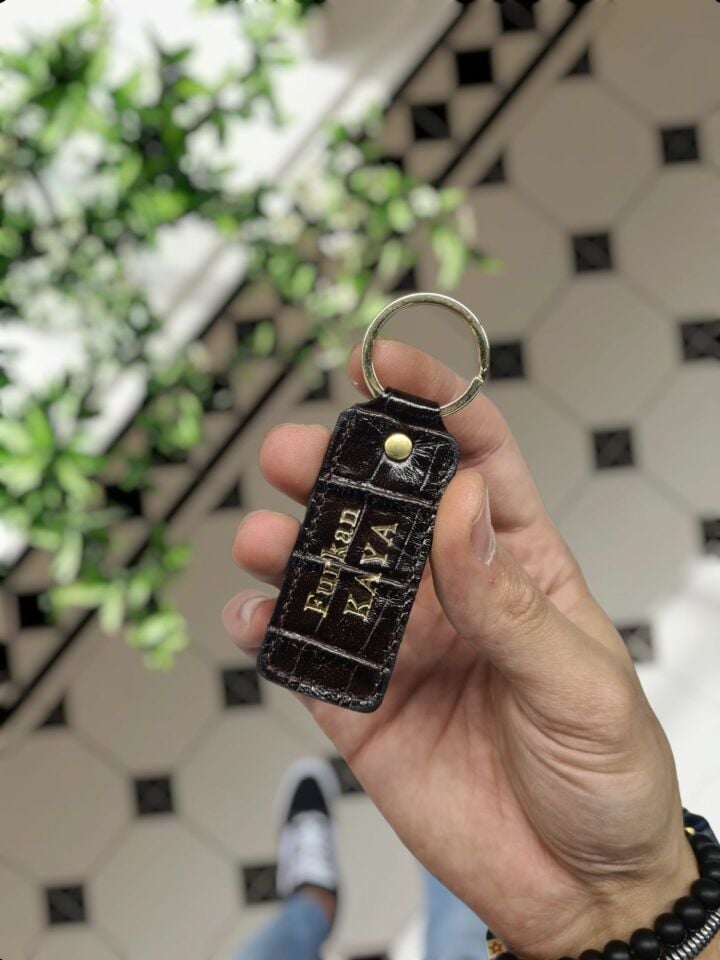 Hakiki Deri Anahtarlık - Kişiye Özel Deri Anahtarlık Çanta  kahve Croco