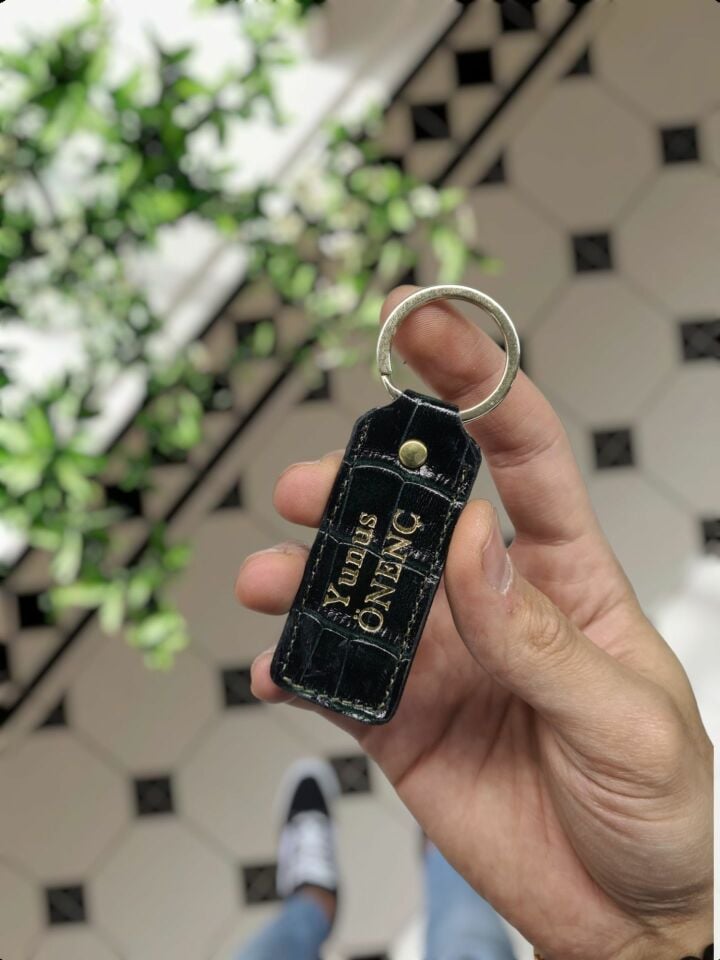 Hakiki Deri Anahtarlık - Kişiye Özel Deri Anahtarlık Çanta  Yeşil Croco