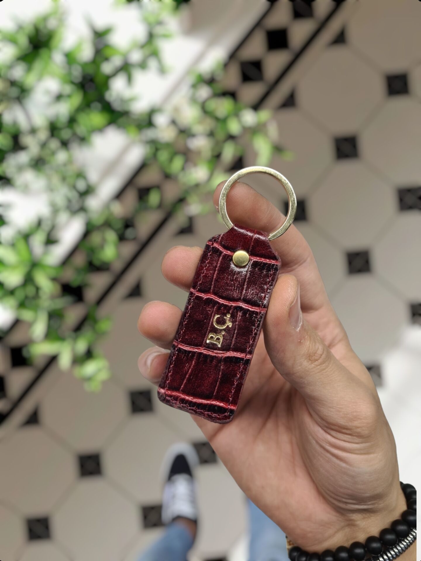 Hakiki Deri Anahtarlık - Kişiye Özel Deri Anahtarlık Çanta Bordo Croco