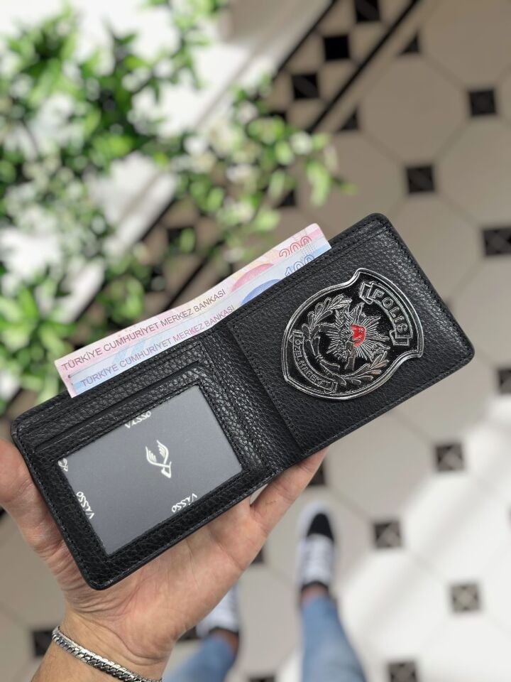 VİSSO 1236 PÖH Rozetli HAKİKİ DERİ ÇANTA  İSME ÖZEL SİYAH GUTTY KİMLİK GÖZLÜ PARA BÖLMELİ Polis Özel Harekat ROZETLİ ERKEK KADIN CÜZDAN