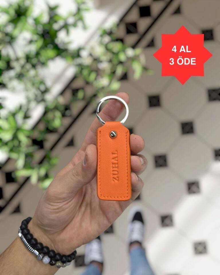 1020  Hakiki Deri Anahtarlık - Visso Turuncu Renk Hakiki Deri Anahtarlık Çanta
