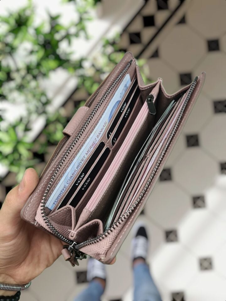 VİSSO 904 Hakiki Deri Kişiye Özel Telefon Hazneli Dıştan Çıtçıtlı Cüzdan El Çantası 904 GÜL KURUSU GUTTY Renk