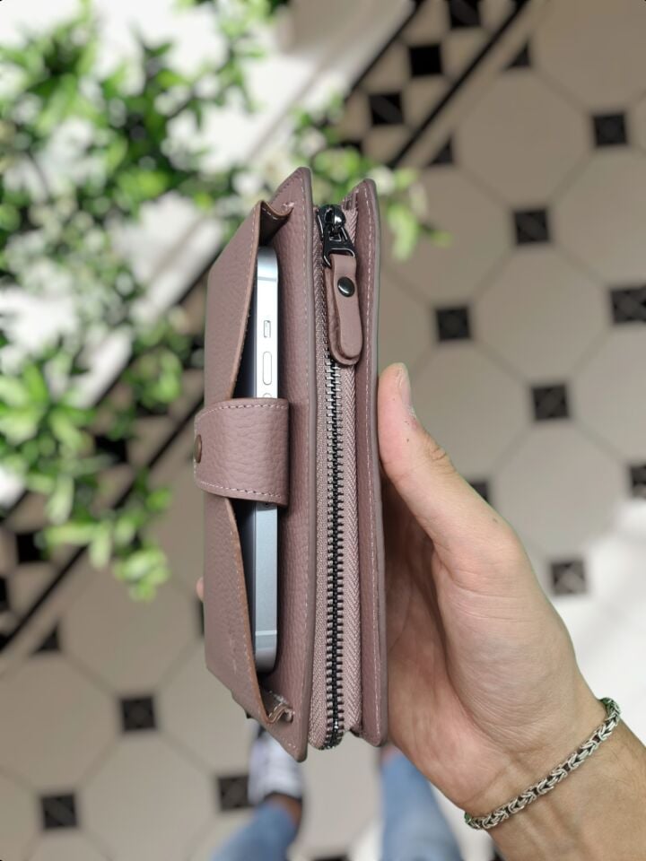 VİSSO 904 Hakiki Deri Kişiye Özel Telefon Hazneli Dıştan Çıtçıtlı Cüzdan El Çantası 904 GÜL KURUSU GUTTY Renk